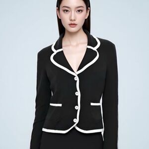 Ann Taylor Black collared cardigan with white contrast piping